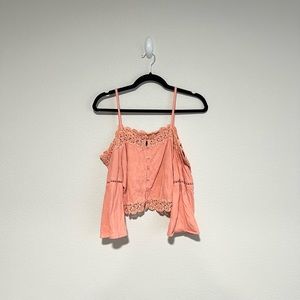 Topshop- Pink, Floral, Lace, Cold Shoulder, Button Down Crop Top, Size 6